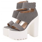 Grey Suede Straps White Block Chunky Cleated Sole High Heels Platforms Sandals Shoes
