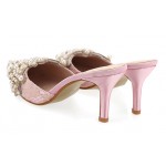 Pink Crochet Lace Pearls Embellished Point Head Heels Bridal Sandals Shoes