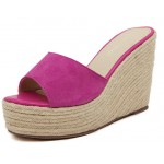 Pink Fushia Suede Straw Knitted Platforms Wedges Sandals Shoes