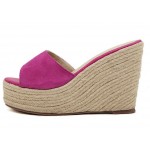 Pink Fushia Suede Straw Knitted Platforms Wedges Sandals Shoes