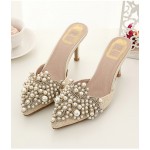 Cream Crochet Lace Pearls Embellished Point Head Heels Bridal Sandals Shoes