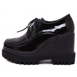 Black Patent Lace Up Wedges Platforms Oxfords Shoes