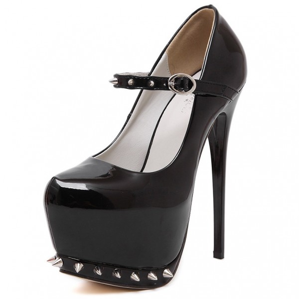 Black Patent Spikes Punk Rock Mary Jane Platforms Stiletto High Heels Shoes