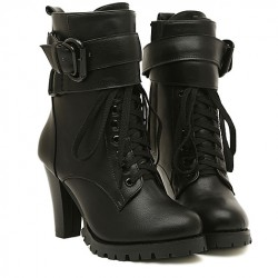 Black Straps High Top Lace Up Combat Rider High Heels Boots