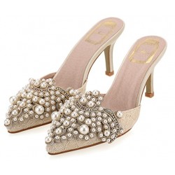 Cream Crochet Lace Pearls Embellished Point Head Heels Bridal Sandals Shoes