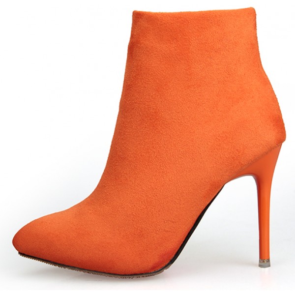 Orange Suede Point Head Stiletto High Heels Ankle Boots