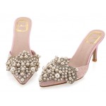 Pink Crochet Lace Pearls Embellished Point Head Heels Bridal Sandals Shoes
