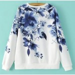 White Blue Flowers Floral Painting Long Sleeve Sweatshirts Tops