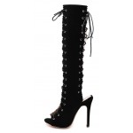 Black Suede Lace Up Sexy Roman Gladiator Stiletto High Heels Knee Boots