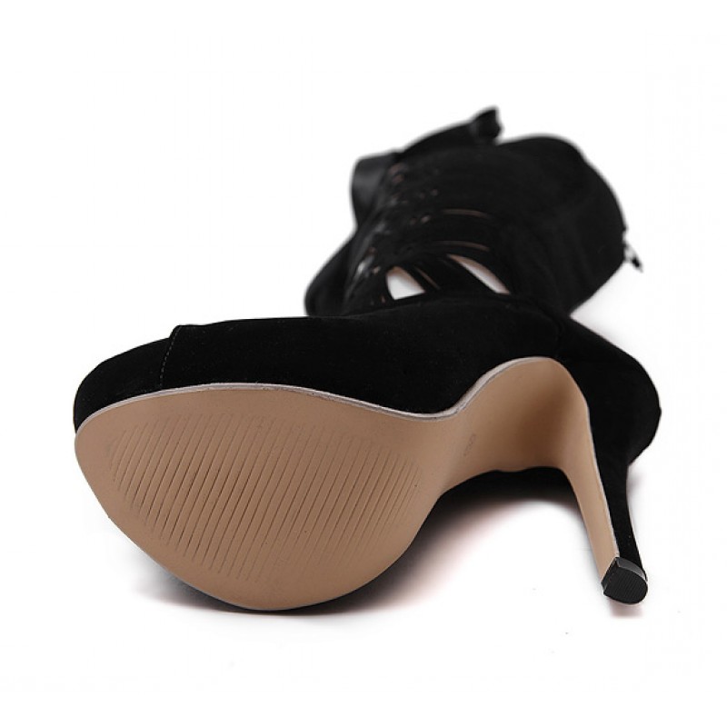 Burlesque  'Lolita 2' Black Satin & Lace Platform & Stiletto Heel Ankle Boots 