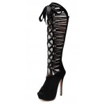 Black Suede Ribbon Lace Up Peeptoe Hollow Out Platforms Lolita Stiletto High Heels Boots