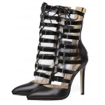 Black Gladiator Punk Rock Pointed Head Lace Up Stiletto High Heels Boots Shoes