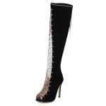 Black Suede Metal Chain Lace Up Sexy Stiletto High Heels Knee Boots