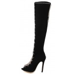 Black Suede Metal Chain Lace Up Sexy Stiletto High Heels Knee Boots