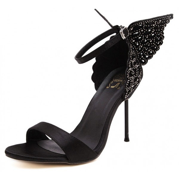 Black Satin Glitter Back Butterfly Evening Stiletto High Heels Sandals Shoes