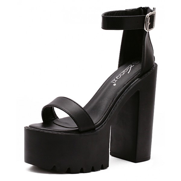 Black Strap Block Chunky Sole High Heels Platforms Sandals Shoes