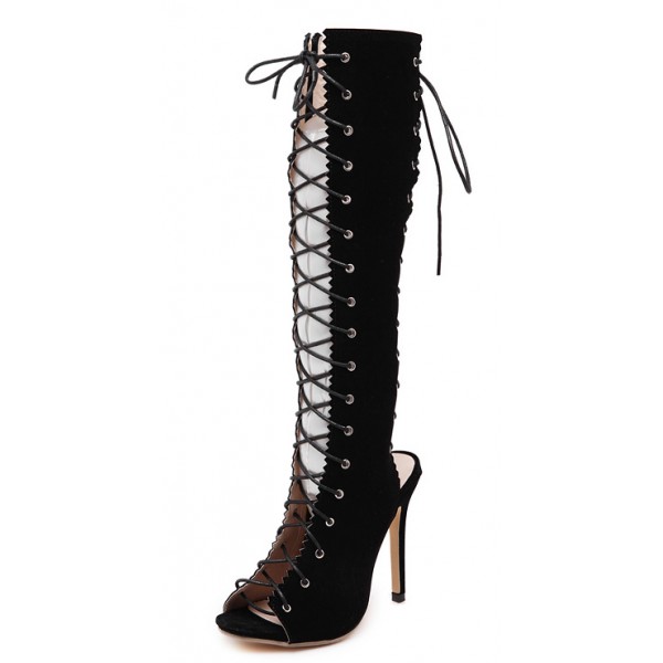 Black Suede Lace Up Sexy Roman Gladiator Stiletto High Heels Knee Boots