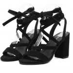 Black Suede Strappy Gladiator Block High Heels Sandals Shoes