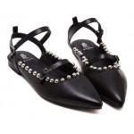 Black Silver Beads Point Head Ankle Straps Flats Sandals Shoes
