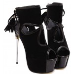 Black Suede Tassels Peep Toe Platforms Stiletto High Heels Boots Shoes