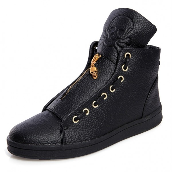 Black Gold Skull Zipper Back Tassels High Top Mens Sneakers Shoes Boots
