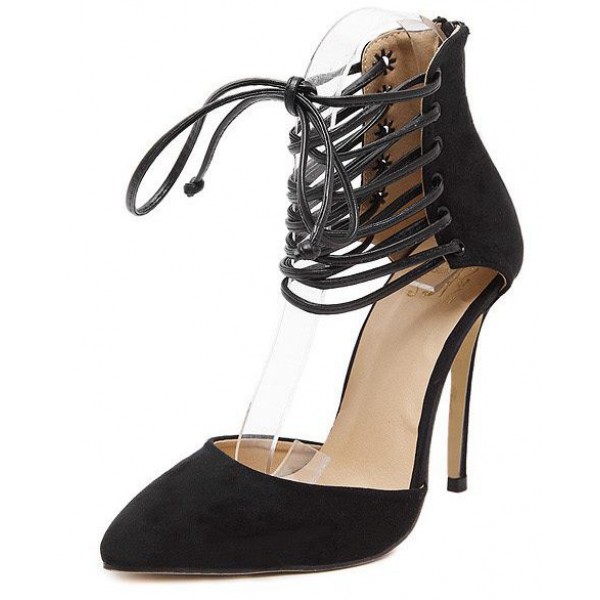 Black Suede Pointed Head Gladiator Strappy Stiletto High Heels Shoes