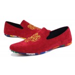 Red Suede Gold Embroidery Rainbow Color Sole Mens Flats Loafers Shoes