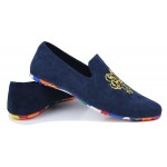 Blue Navy Suede Gold Embroidery Rainbow Color Sole Mens Flats Loafers Shoes