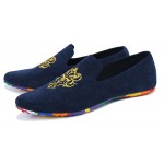 Blue Navy Suede Gold Embroidery Rainbow Color Sole Mens Flats Loafers Shoes