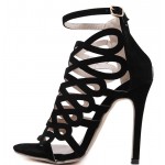Black Suede Hollow Out Bird Cage Evening Stiletto High Heels Sandals Shoes