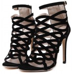 Black Suede Hollow Out Bird Cage Evening Stiletto High Heels Sandals Shoes