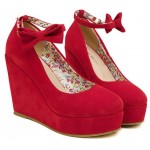 Red Suede Bow Ankle Strap Platforms Wedges Shoes