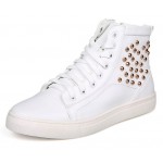 White Patent Gold Studs High Top Lace Up Punk Rock Sneakers Mens Shoes