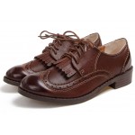 Brown Leather Tassels Fringes Lace Up Vintage Womens Oxfords Flats Shoes