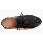 Black Leather Tassels Fringes Lace Up Vintage Womens Oxfords Flats Shoes
