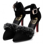 Black Suede Rabbit Fur Pointed Head Ankle Straps Stiletto High Heels Shoes