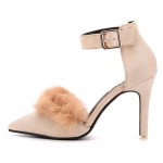 Pink Suede Rabbit Fur Pointed Head Ankle Straps Stiletto High Heels Shoes