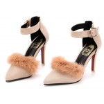 Pink Suede Rabbit Fur Pointed Head Ankle Straps Stiletto High Heels Shoes