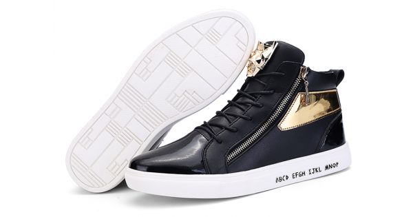 Black Patent Gold Lace Up Side Zipper High Top Mens Sneakers