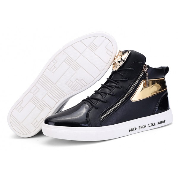 Black Patent Gold Lace Up Side Zipper High Top Mens Sneakers Shoes Boots