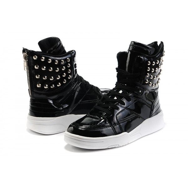 Black Patent Metal Studs High Top Lace Up Punk Rock Sneakers Mens Shoes