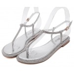 Silver Diamante Crystals Embellished T Strap Fancy Bridal Evening Sandals Shoes