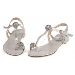 Silver Diamante Crystals Balls T Strap Fancy Bridal Flats Evening Sandals Shoes