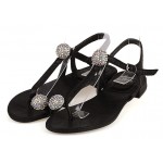 Black Diamante Crystals Balls T Strap Fancy Bridal Flats Evening Sandals Shoes
