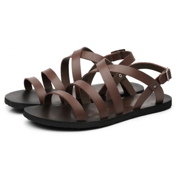 Brown Leather Straps Mens Gladiator Roman Sandals Shoes