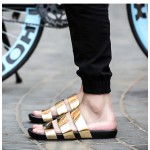 Gold Metal Shiny Tri Straps Mens Gladiator Roman Sandals