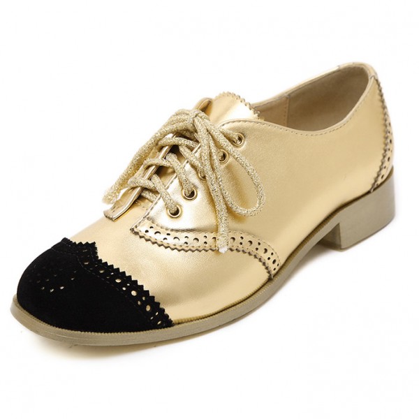 Gold Metallic Black Lace Up Loafers Flats Oxfords Dress Shoes