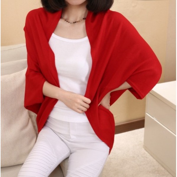 Red Long Sleeves Batwing Thin Cardigan Outer Coat Jacket Shawl