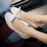White Bow Patent Leather Blunt Head SIlver Heels Ballerina Ballet Flats Shoes