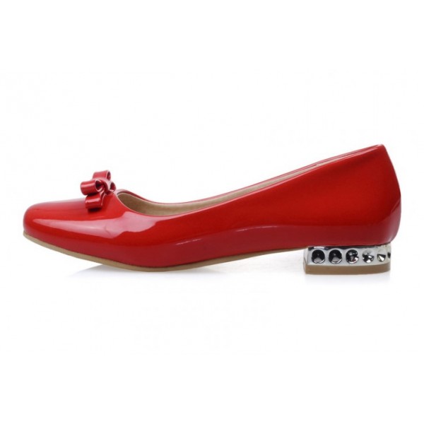 Red Bow Patent Leather Blunt Head SIlver Heels Ballerina Ballet Flats Shoes